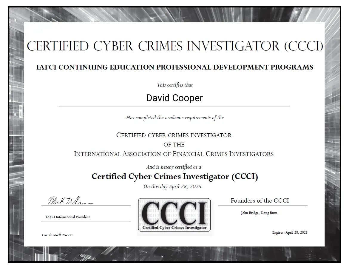 Certified Cyber Crimes Investigator certificate awarded to Matthew Stern by IAFCI